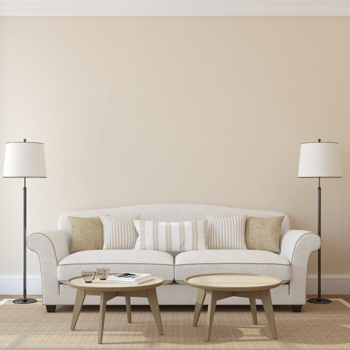 Modern living-room interior with white couch near empty beige wall. 3d render. Photo on book cover was made by me.